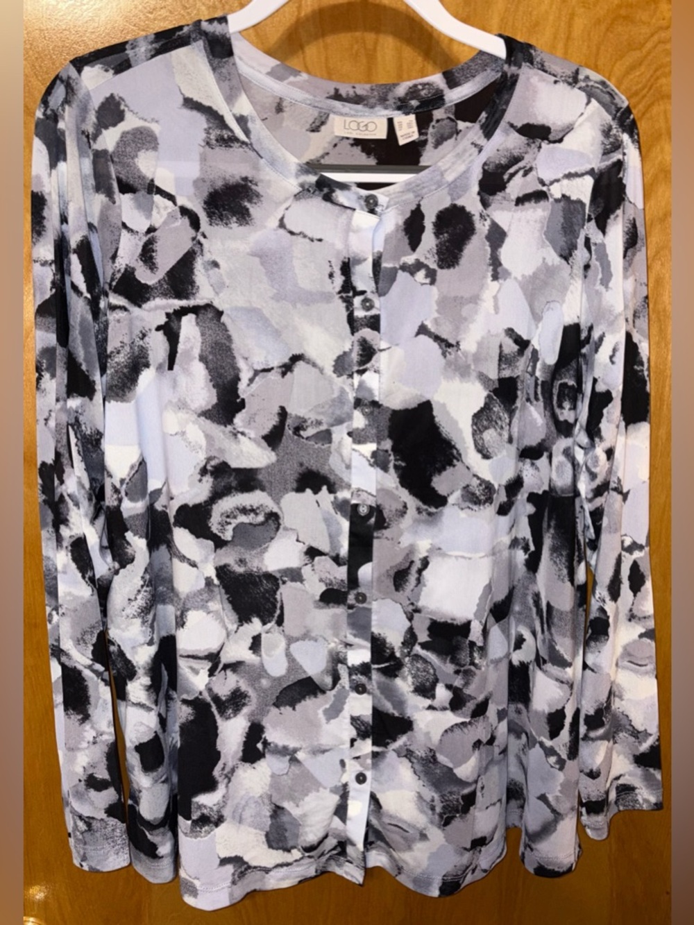 LOGO by Lori Goldstein black watercolor print mesh cardigan Size 1X A474584